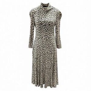Mango Leopard Print Cowl Neck Dress Womens S Long Sleeve Fit Flare Midi A-Line